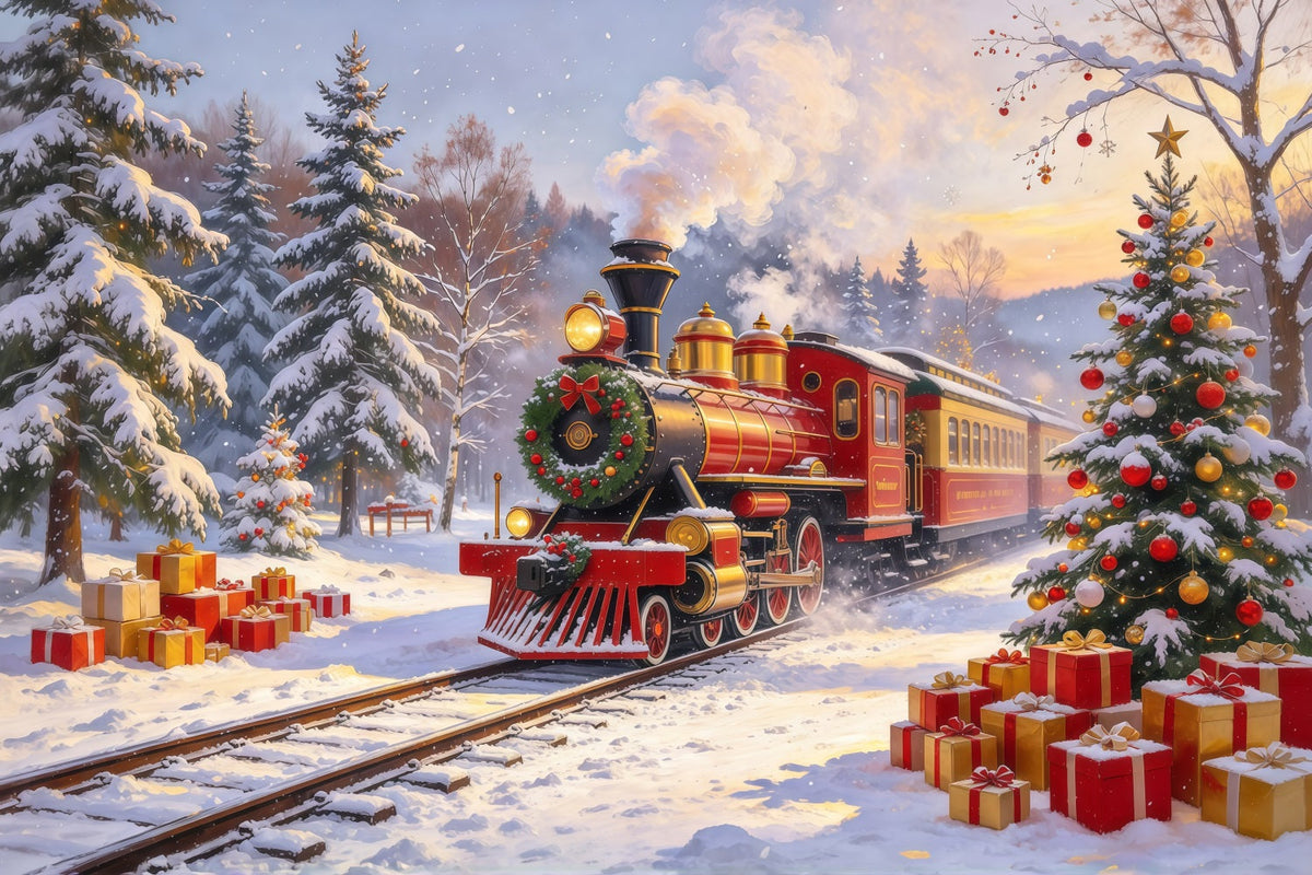 Fond De Noël Train À Vapeur Rouge Village Chute De Neige GQ610-107
