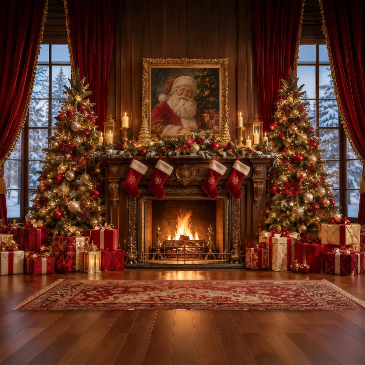 Fond Photo Père Noël Portrait Cheminée Manteau GQ610-119