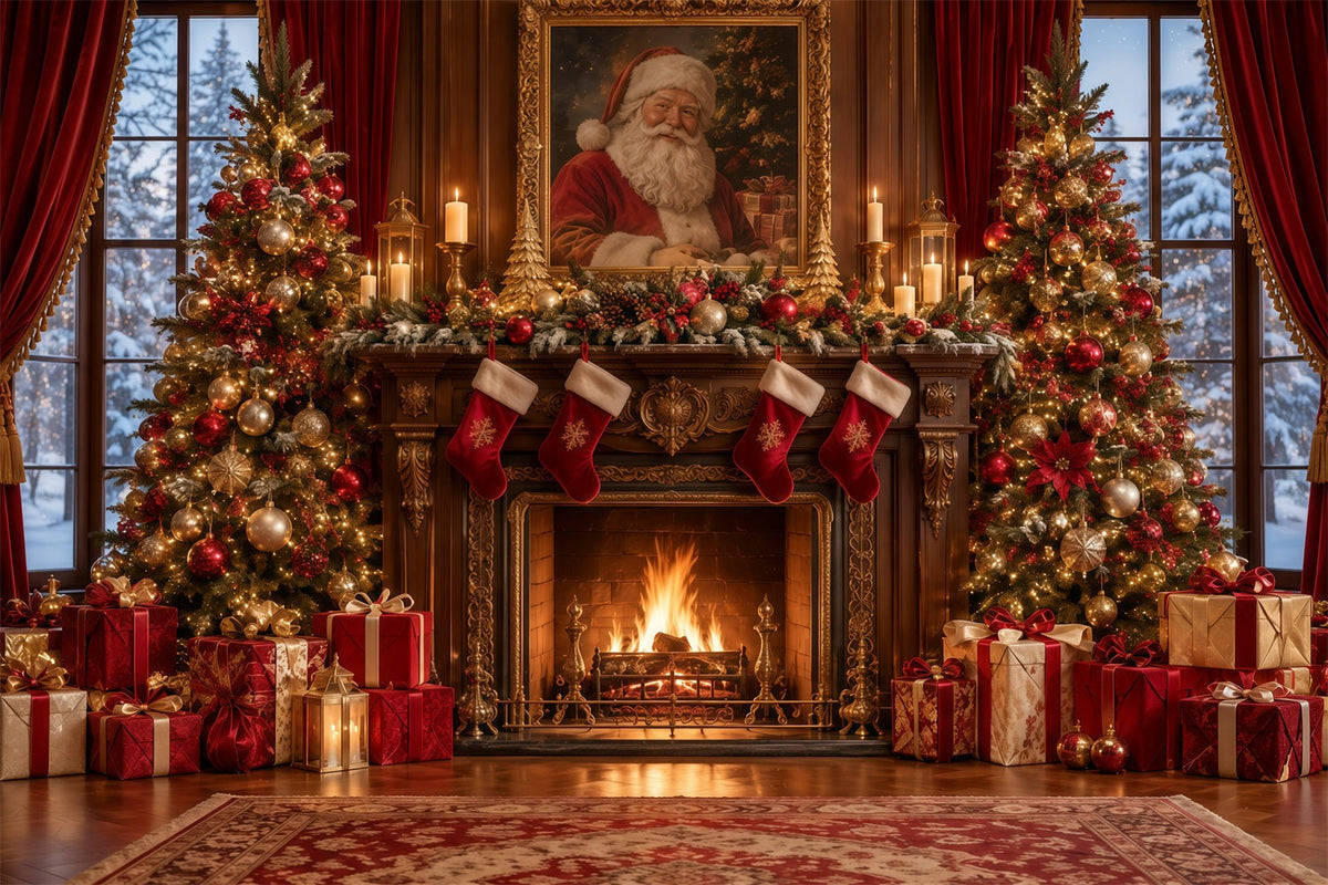 Fond Photo Père Noël Portrait Cheminée Manteau GQ610-119