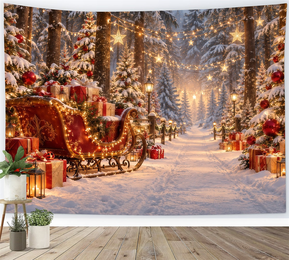 Fond De Sapins De Noël Traîneau Lumineux Sentier Cadeaux GQ610-121