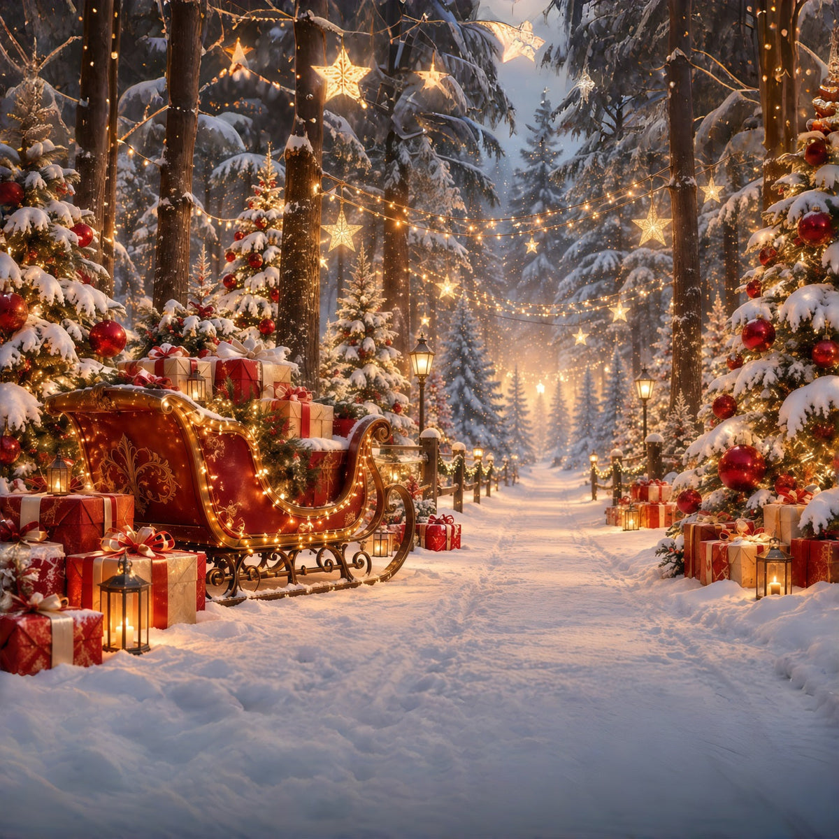 Fond De Sapins De Noël Traîneau Lumineux Sentier Cadeaux GQ610-121