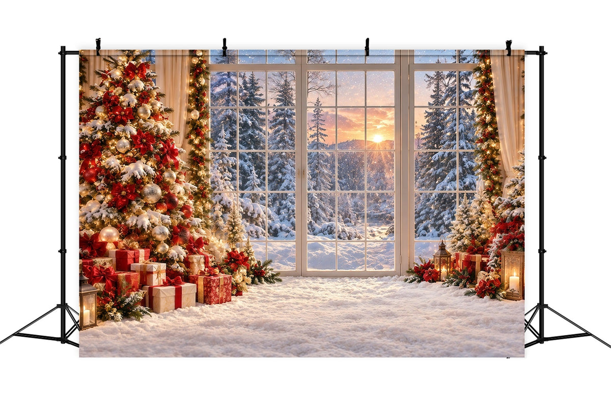 Fond De Forêt De Noël Coucher Soleil Doré Fenêtre Enneigée GQ610-123