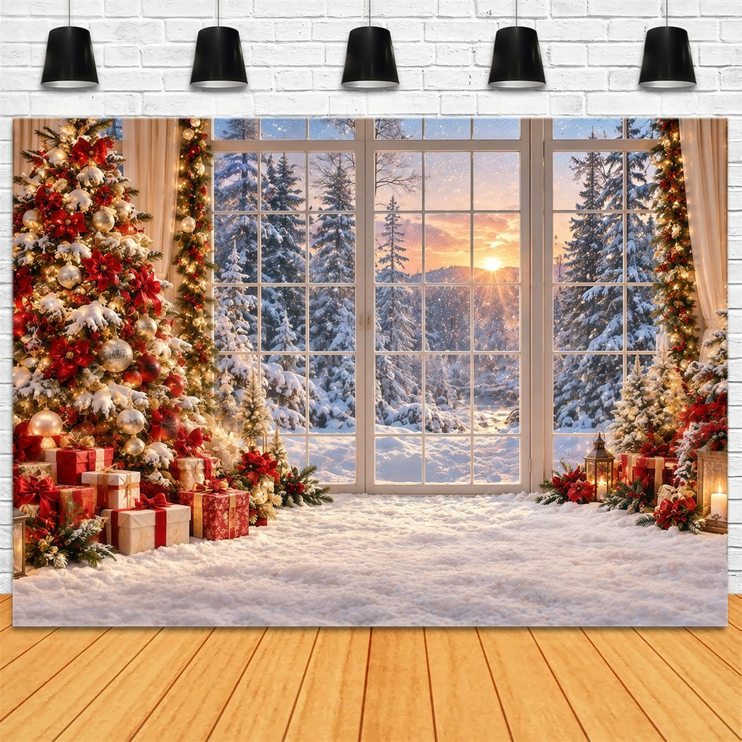 Fond De Forêt De Noël Coucher Soleil Doré Fenêtre Enneigée GQ610-123