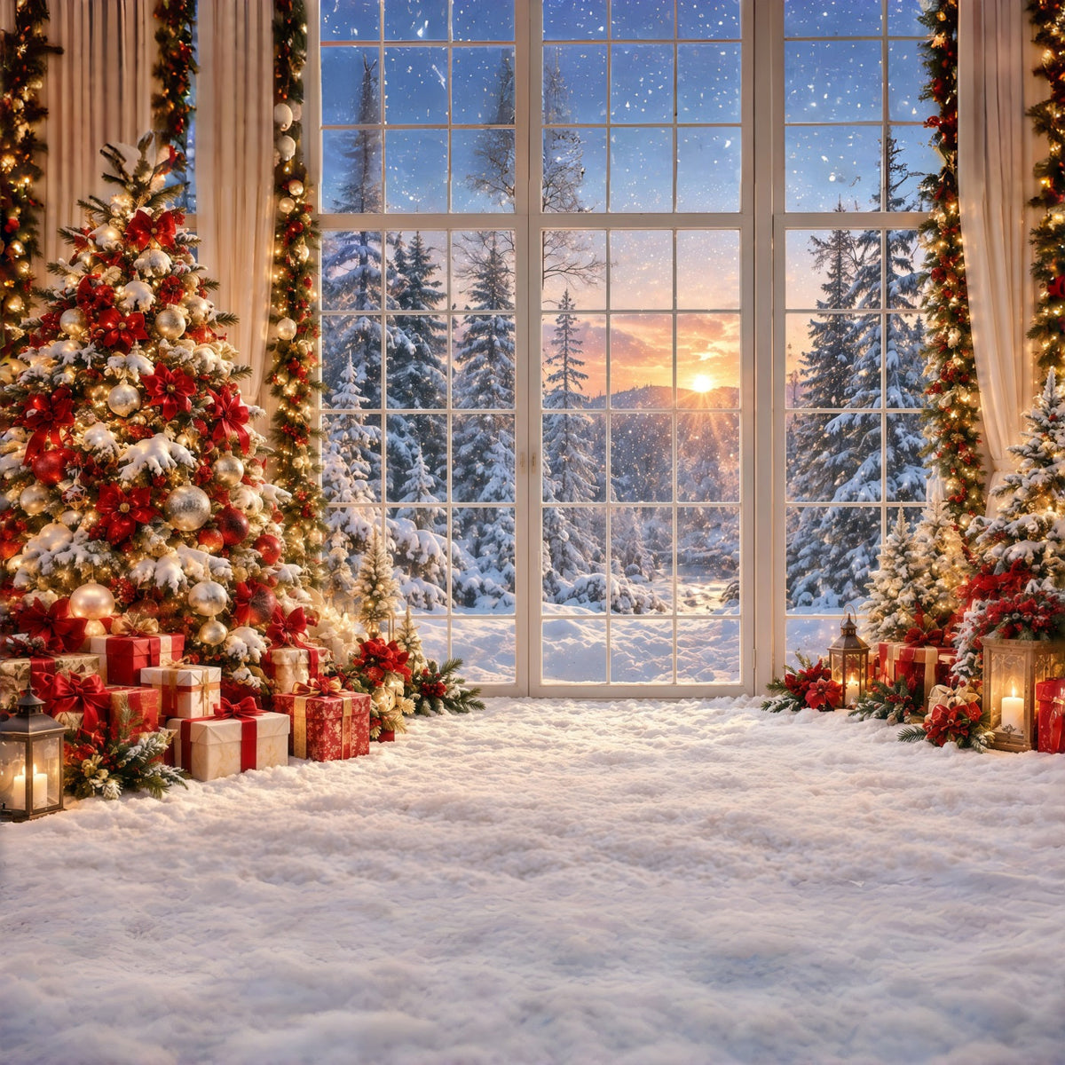Fond De Forêt De Noël Coucher Soleil Doré Fenêtre Enneigée GQ610-123