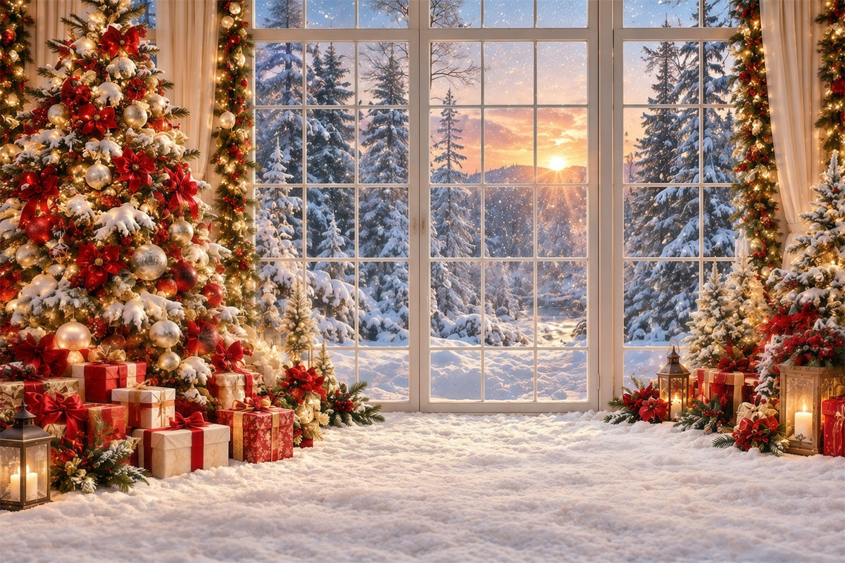 Fond De Forêt De Noël Coucher Soleil Doré Fenêtre Enneigée GQ610-123