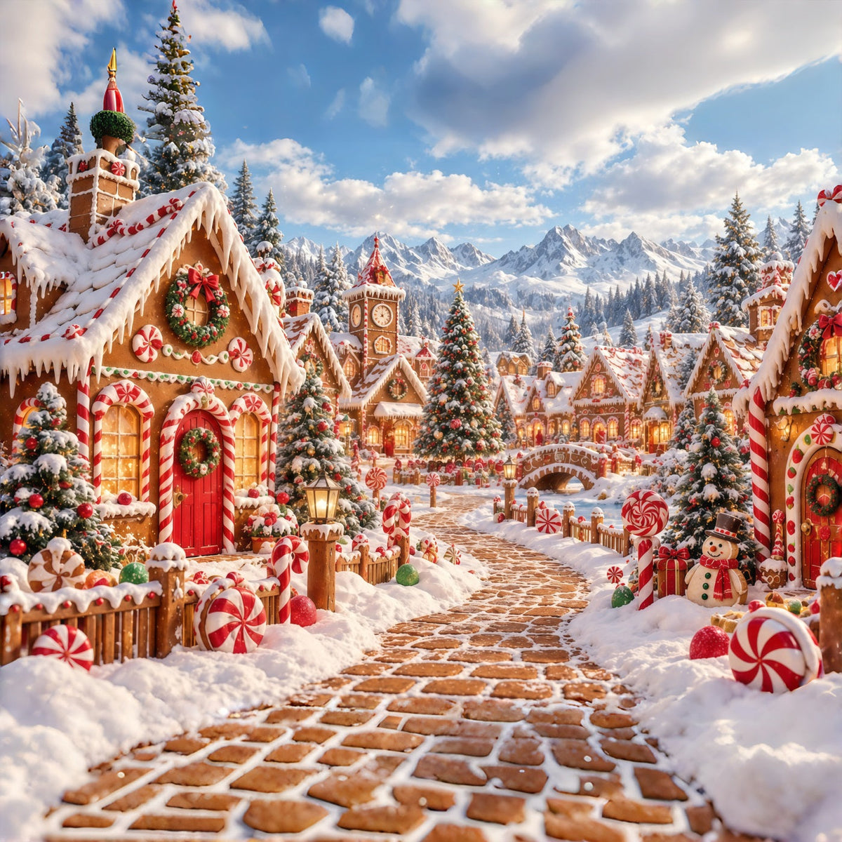 Fond De Noël Village Bonbons Enneigé Pain D'Épices GQ610-125