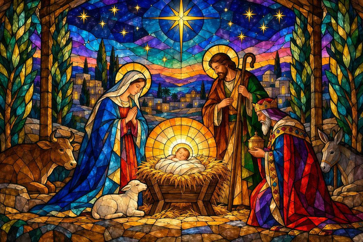 Fond De Crèche De Noël Étoile Vitrail Coloré GQ610-127