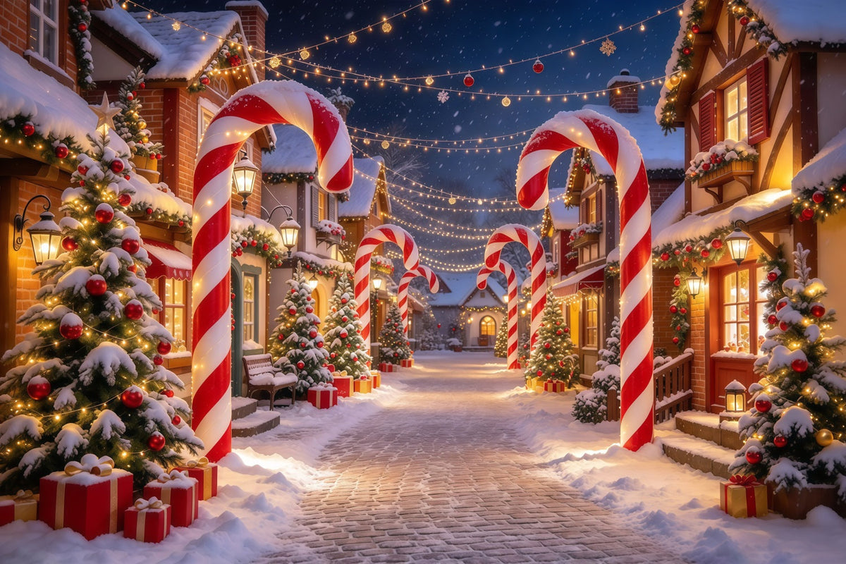 Fond De Village De Noël Rue Enneigée Bonbons Sucre GQ610-14