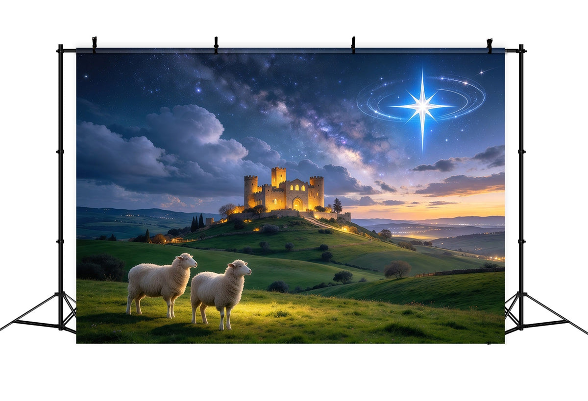 Fond De Crèche De Noël Château Étoilé Prairie Moutons GQ610-15