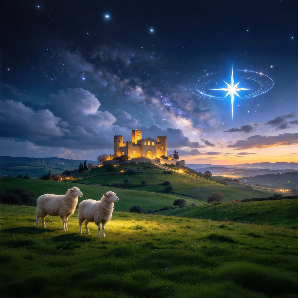 Fond De Crèche De Noël Château Étoilé Prairie Moutons GQ610-15