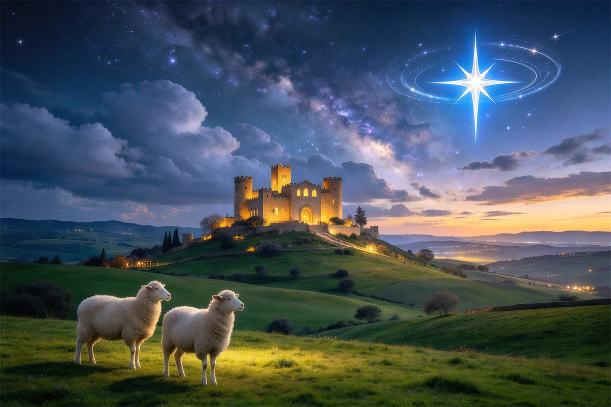 Fond De Crèche De Noël Château Étoilé Prairie Moutons GQ610-15