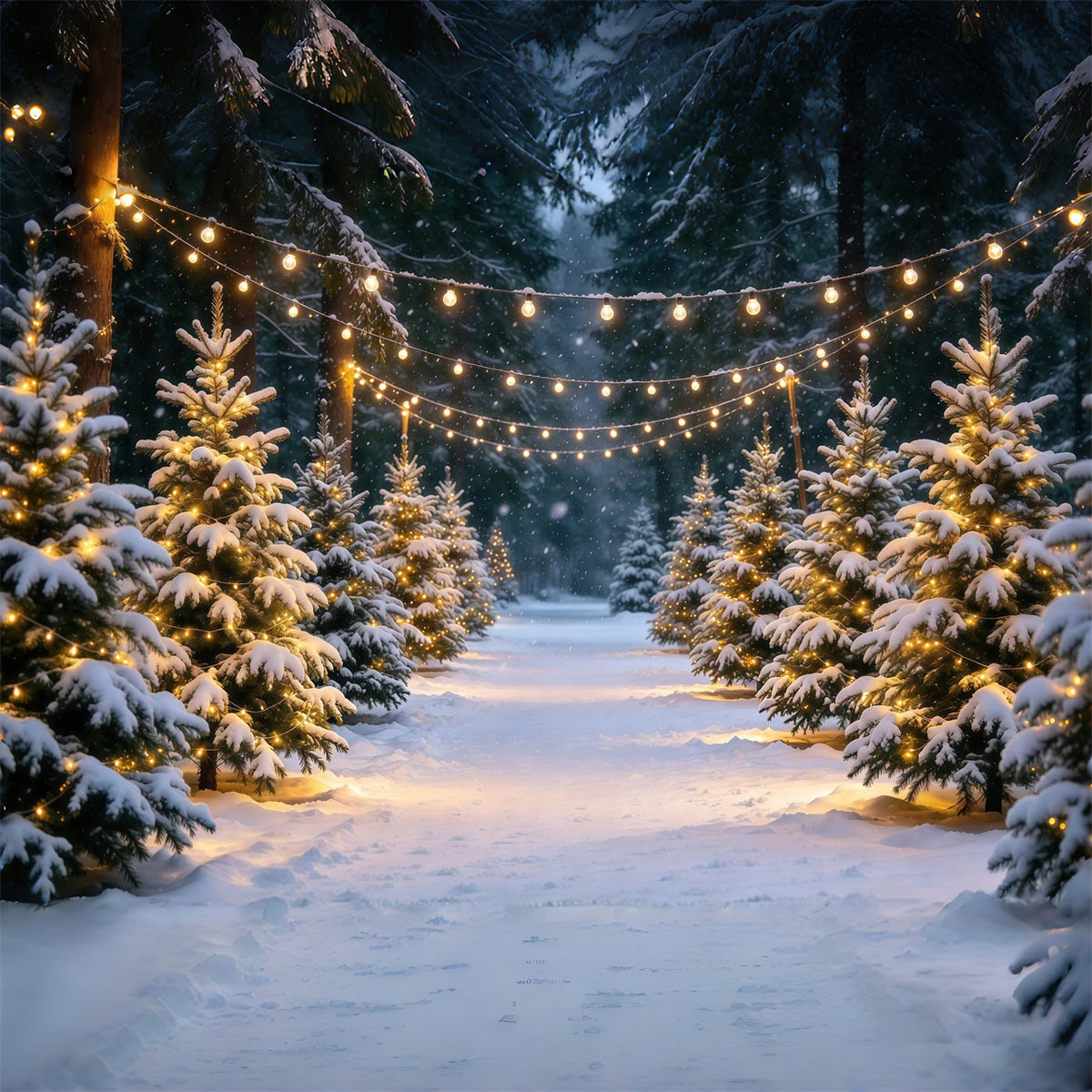 Fond Photo Ferme De Sapins Sentier Pins Enneigés Guirlandes Lumineuses GQ610-16