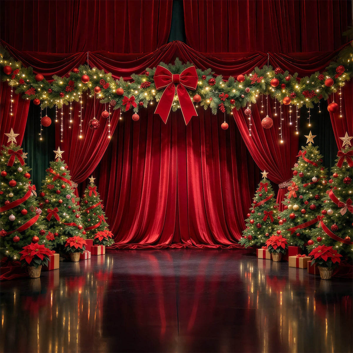 Fond Photo De Noël Scène Velours Cramoisi Sapins GQ610-19