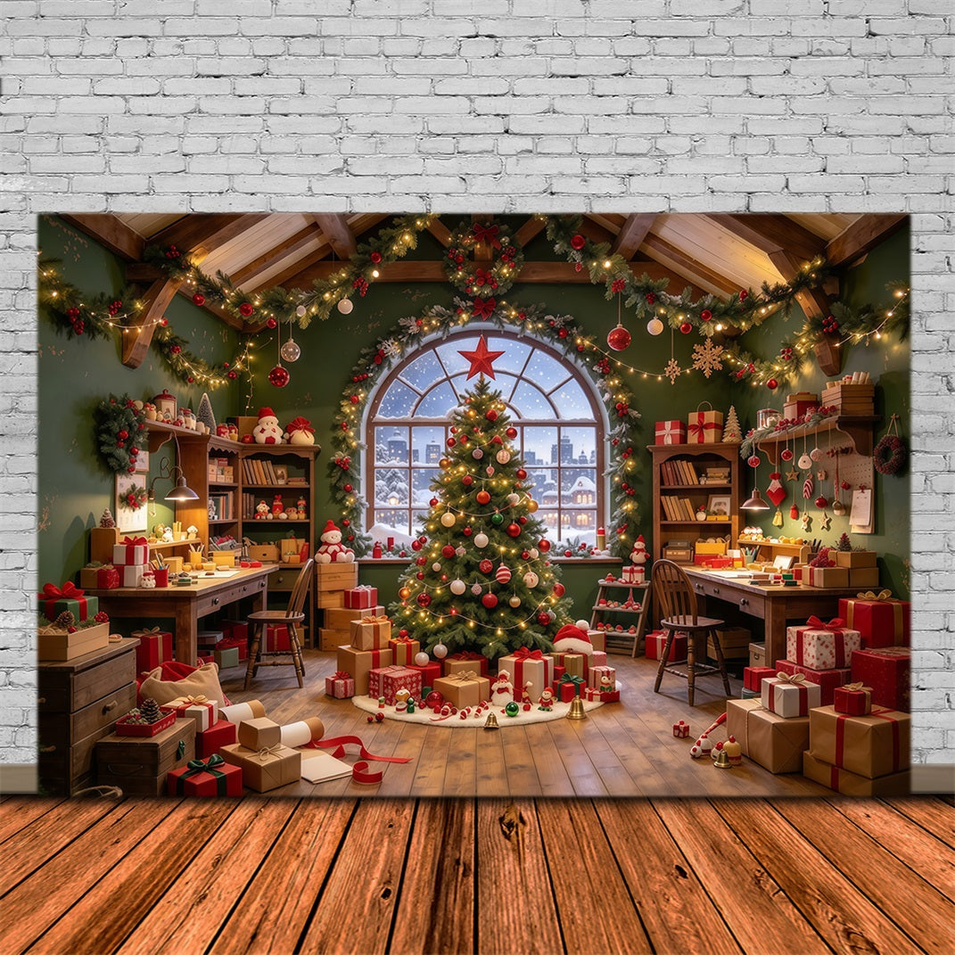 Fond Photo Père Noël Intérieur Atelier Jouets Chaleureux GQ610-2