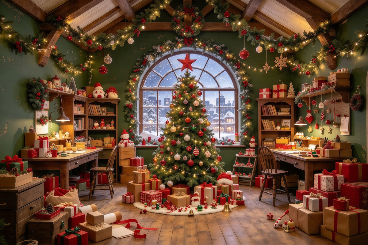 Fond Photo Père Noël Intérieur Atelier Jouets Chaleureux GQ610-2