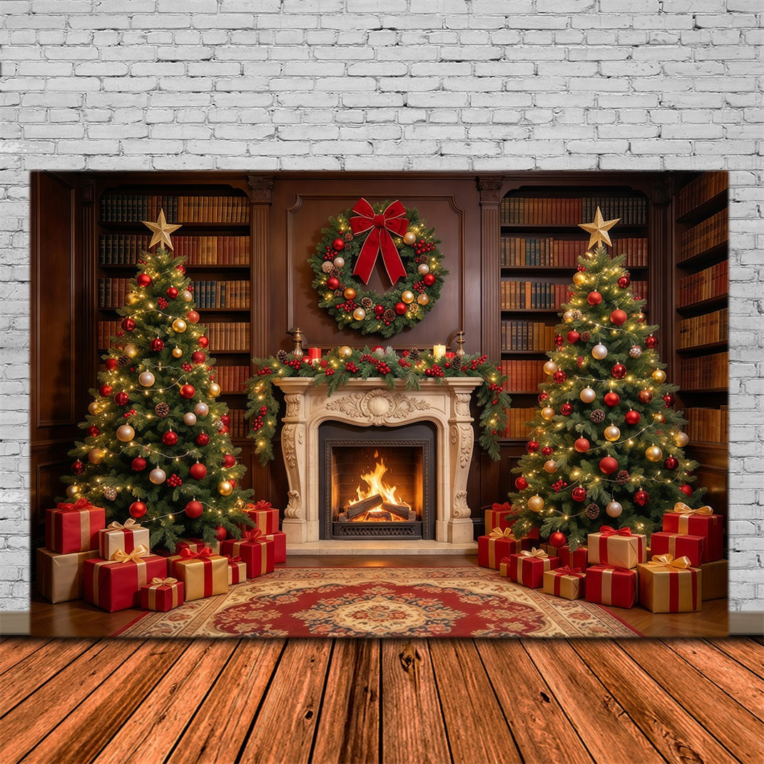 Fond Photo De Noël Bibliothèque Ornée Cheminée GQ610-21