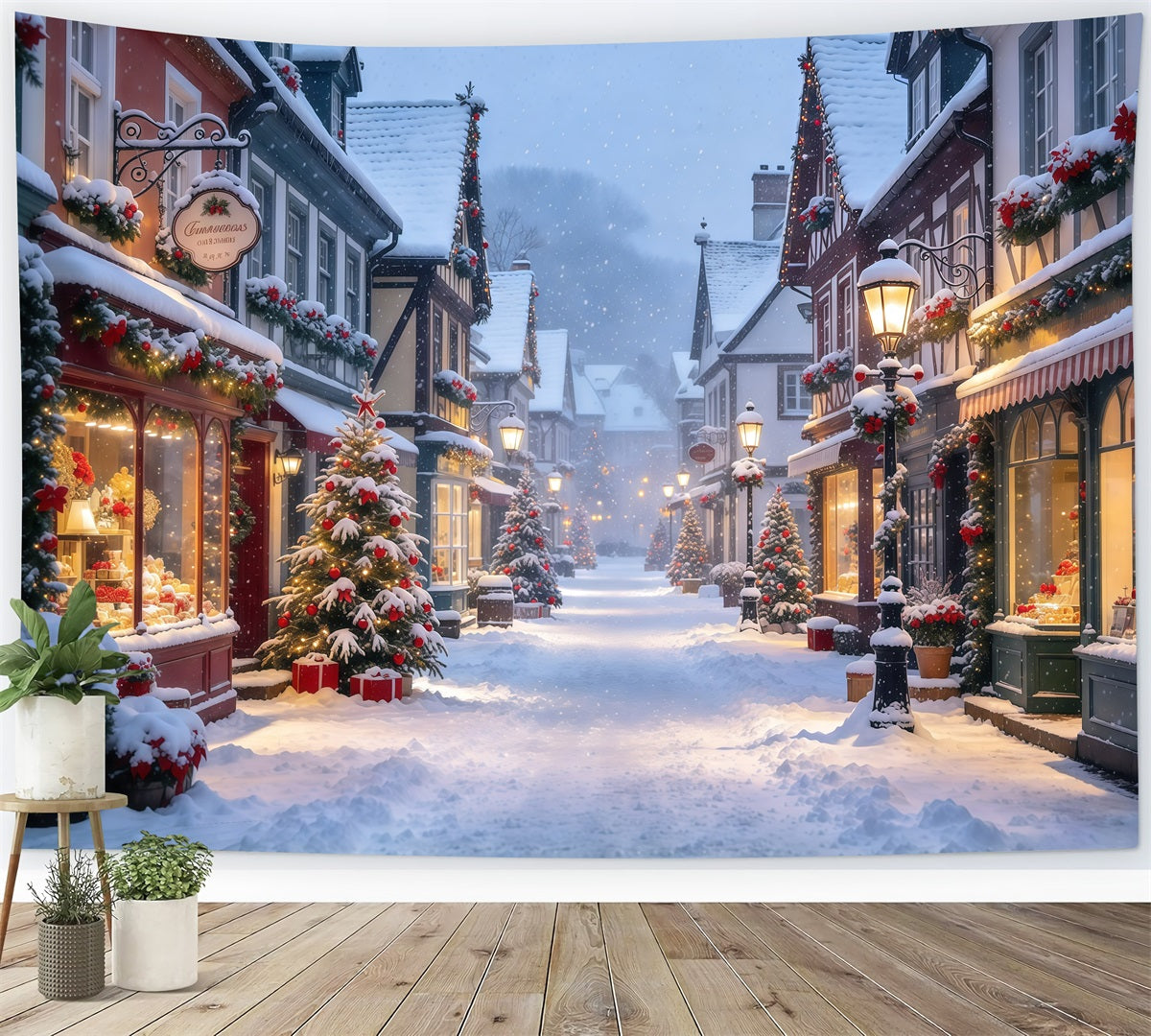 Fond De Village De Noël Rue Européenne Hivernale Enneigée GQ610-23