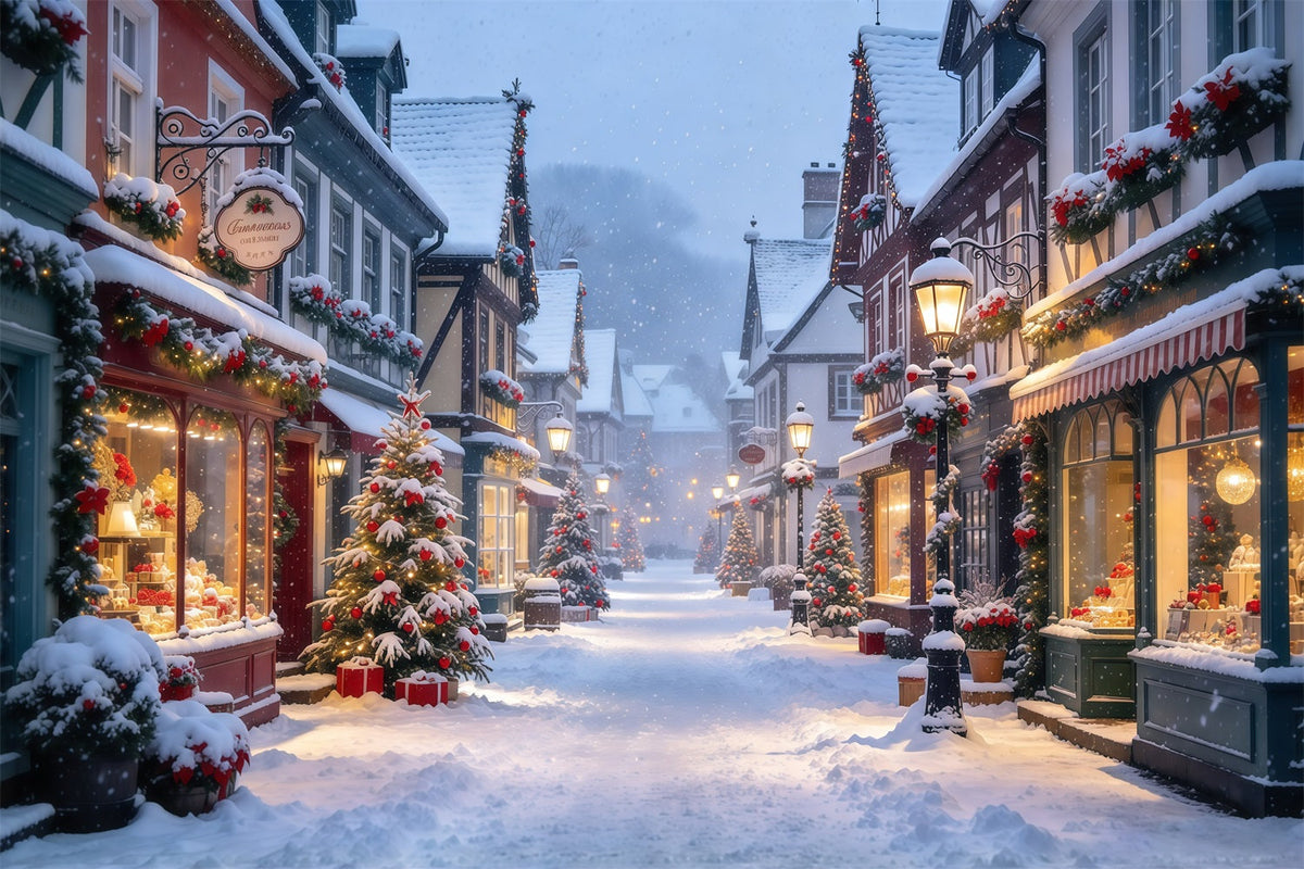 Fond De Village De Noël Rue Européenne Hivernale Enneigée GQ610-23