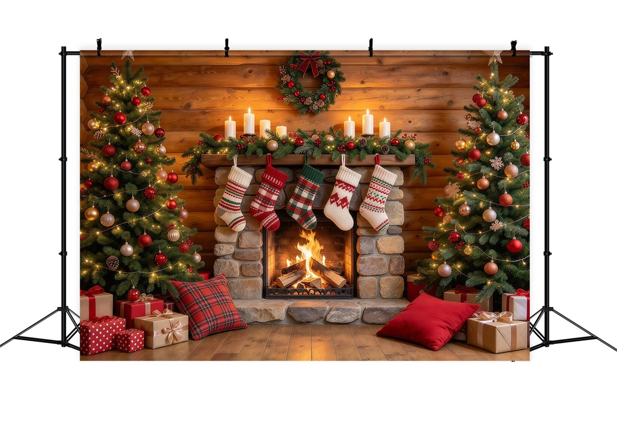 Fond Photo De Noël Cheminée Pierre Rustique Chaussettes GQ610-24
