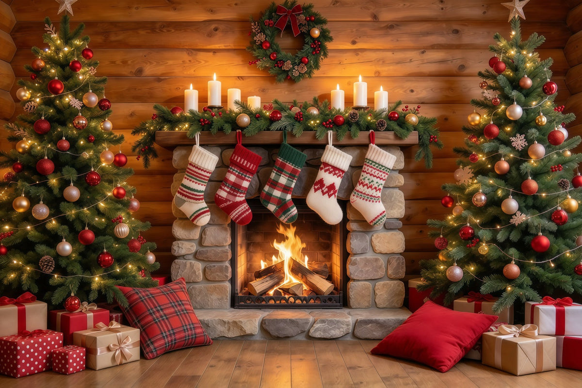 Fond Photo De Noël Cheminée Pierre Rustique Chaussettes GQ610-24