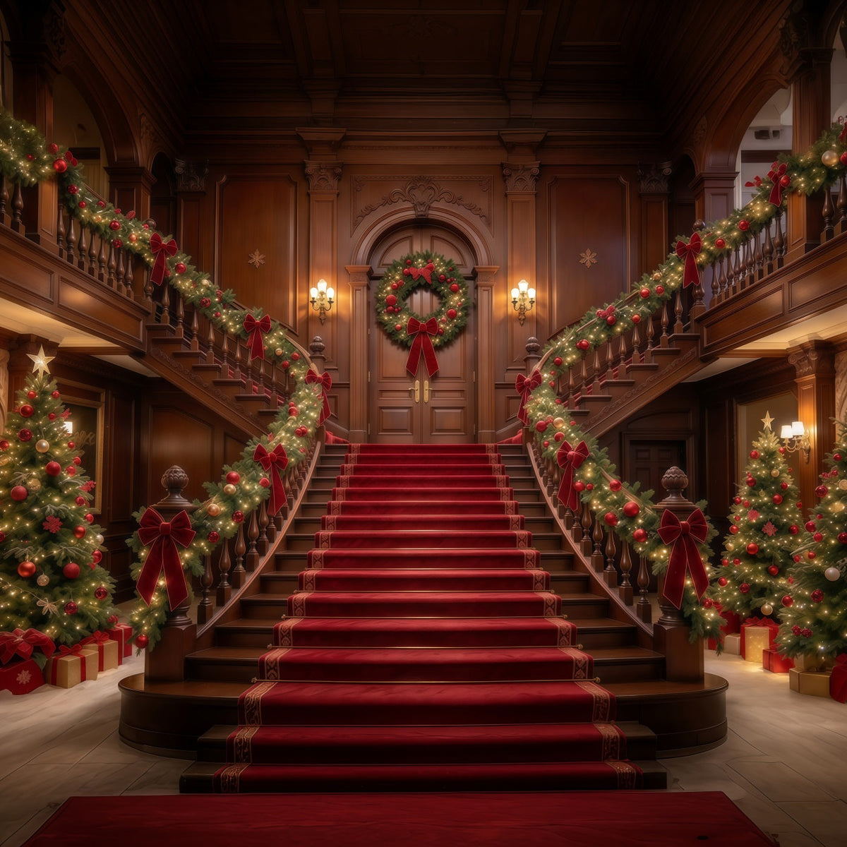 Fond De Noël Grand Escalier Bois Guirlandes GQ610-25