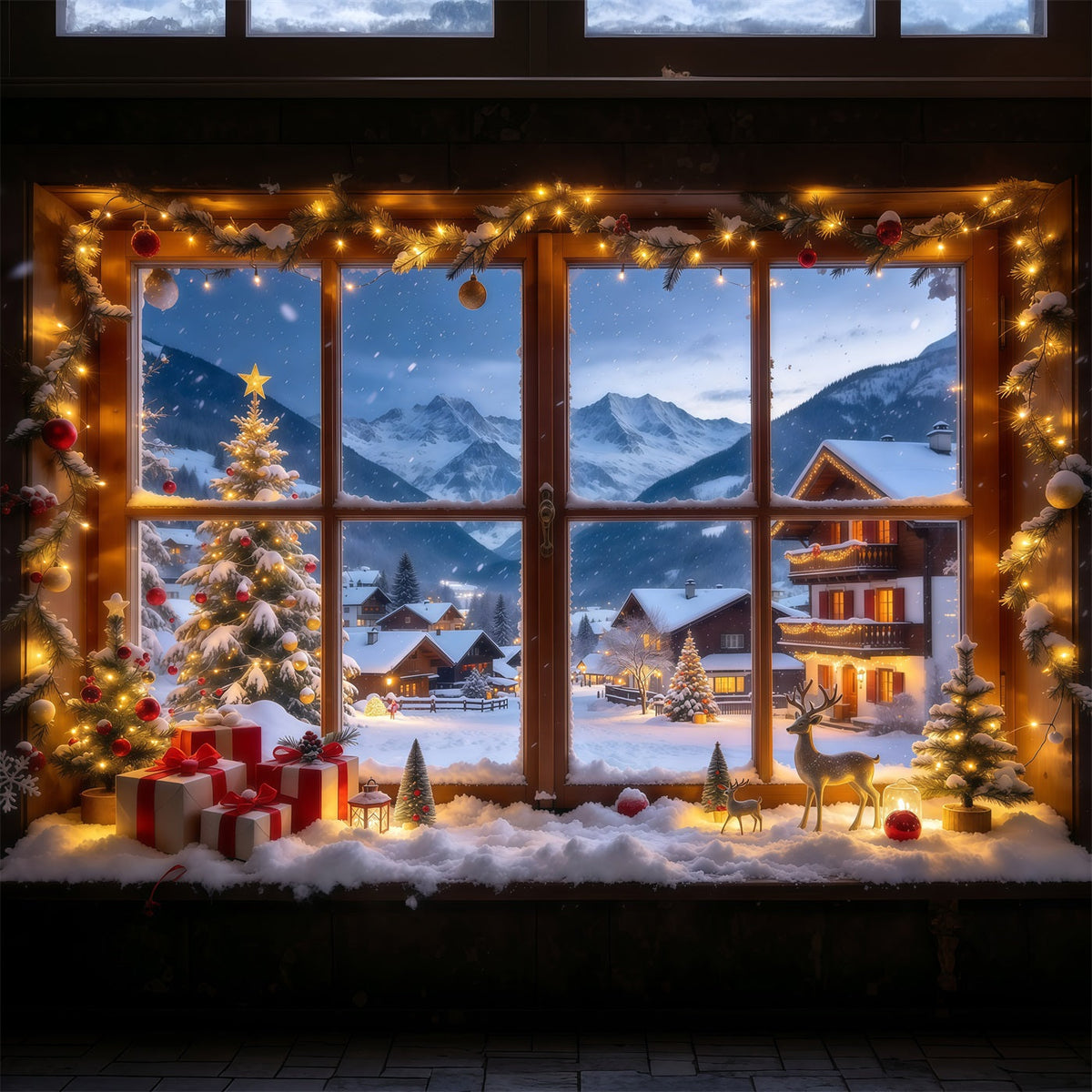 Fond De Noël Hiver Fenêtre Village Alpin Enneigé GQ610-27
