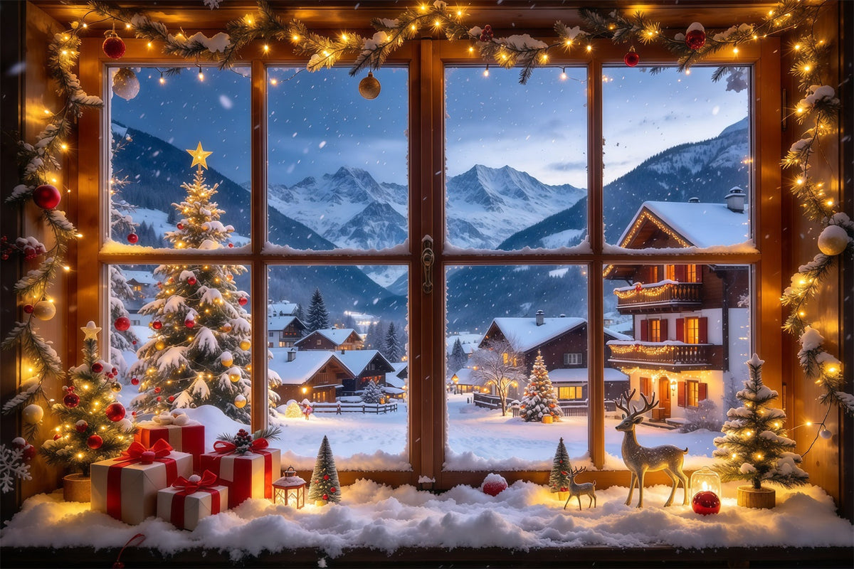 Fond De Noël Hiver Fenêtre Village Alpin Enneigé GQ610-27