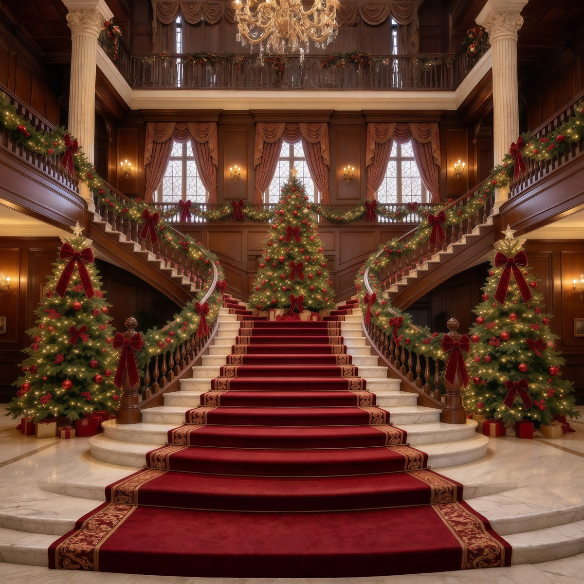 Fond De Noël Salon Escalier Marbre Sapins Élégants GQ610-28