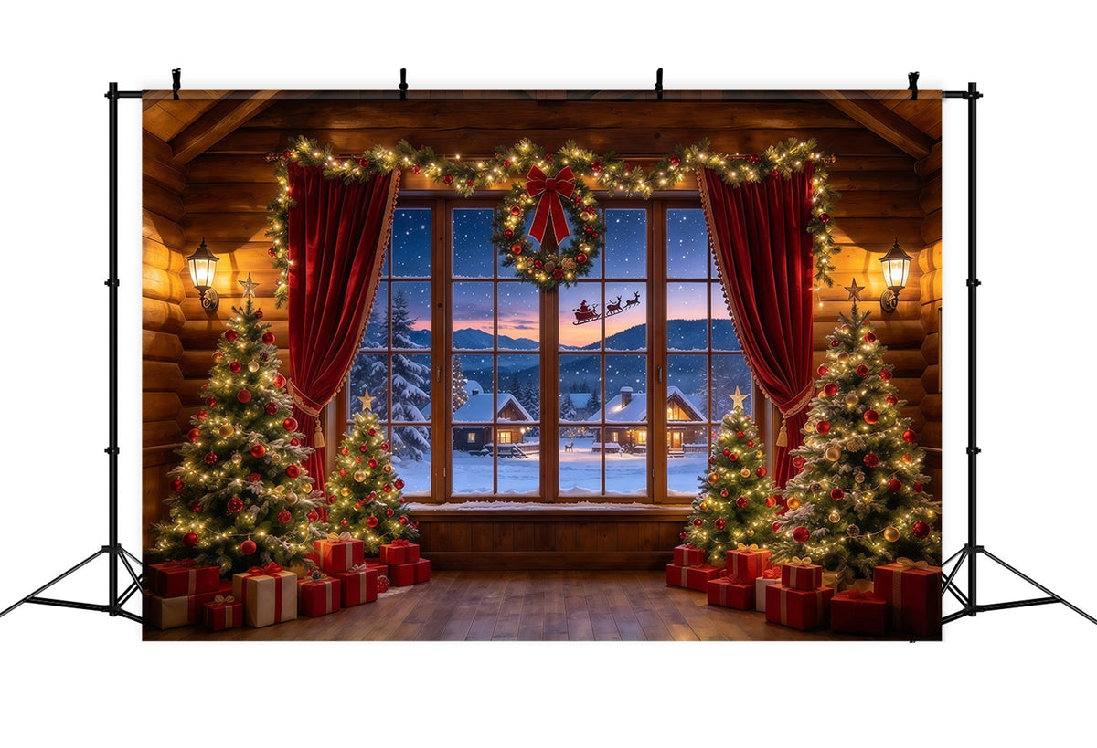 Fond Photo Père Noël Chalet Rustique Fenêtre Traîneau GQ610-3