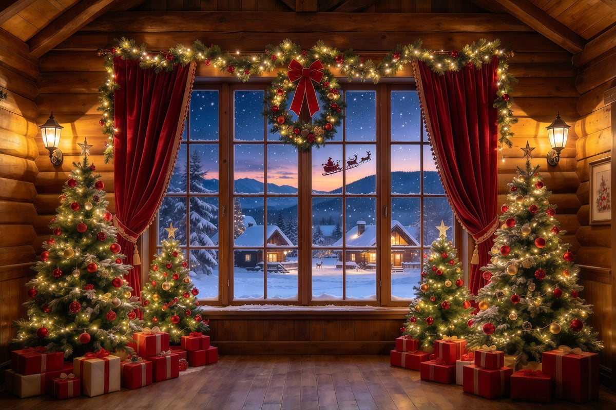 Fond Photo Père Noël Chalet Rustique Fenêtre Traîneau GQ610-3