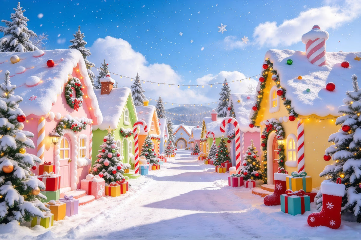 Fond De Village De Noël Cottage Bonbons Pastel Neige GQ610-31
