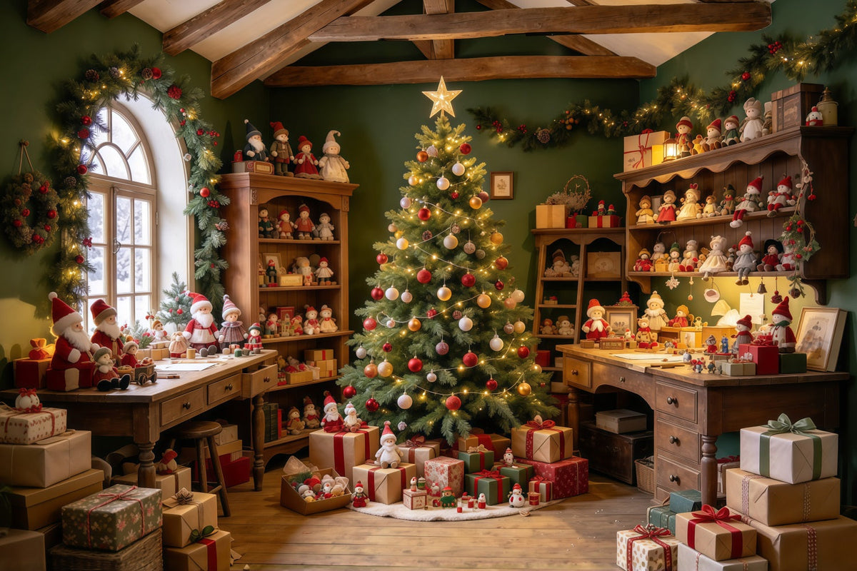 Fond Photo Atelier Père Noël Présentoir Jouets Rustiques GQ610-32