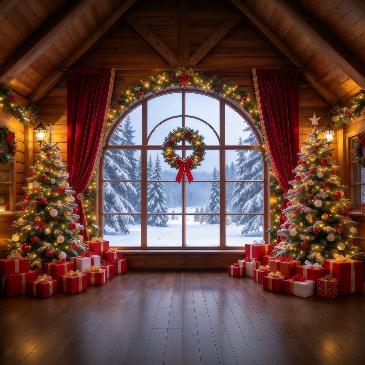 Fond De Noël Rideau Cramoisi Fenêtre Hivernale GQ610-35