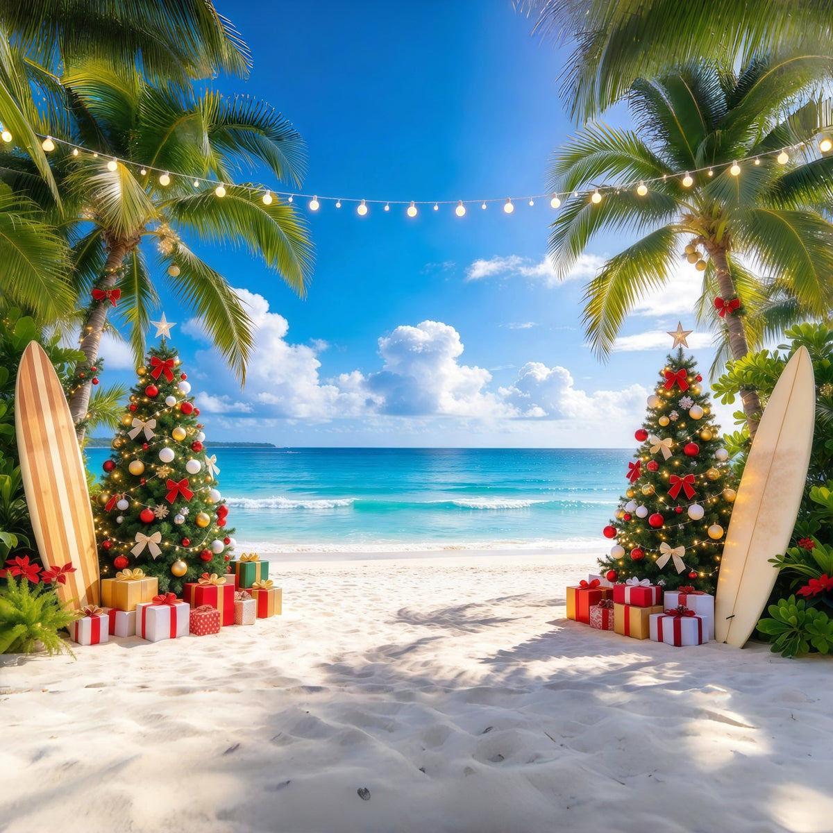 Fond De Noël Tropical Plage Planche Surf Palmier GQ610-37