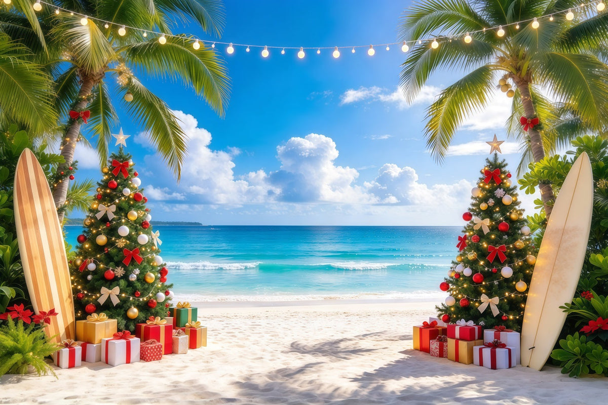 Fond De Noël Tropical Plage Planche Surf Palmier GQ610-37