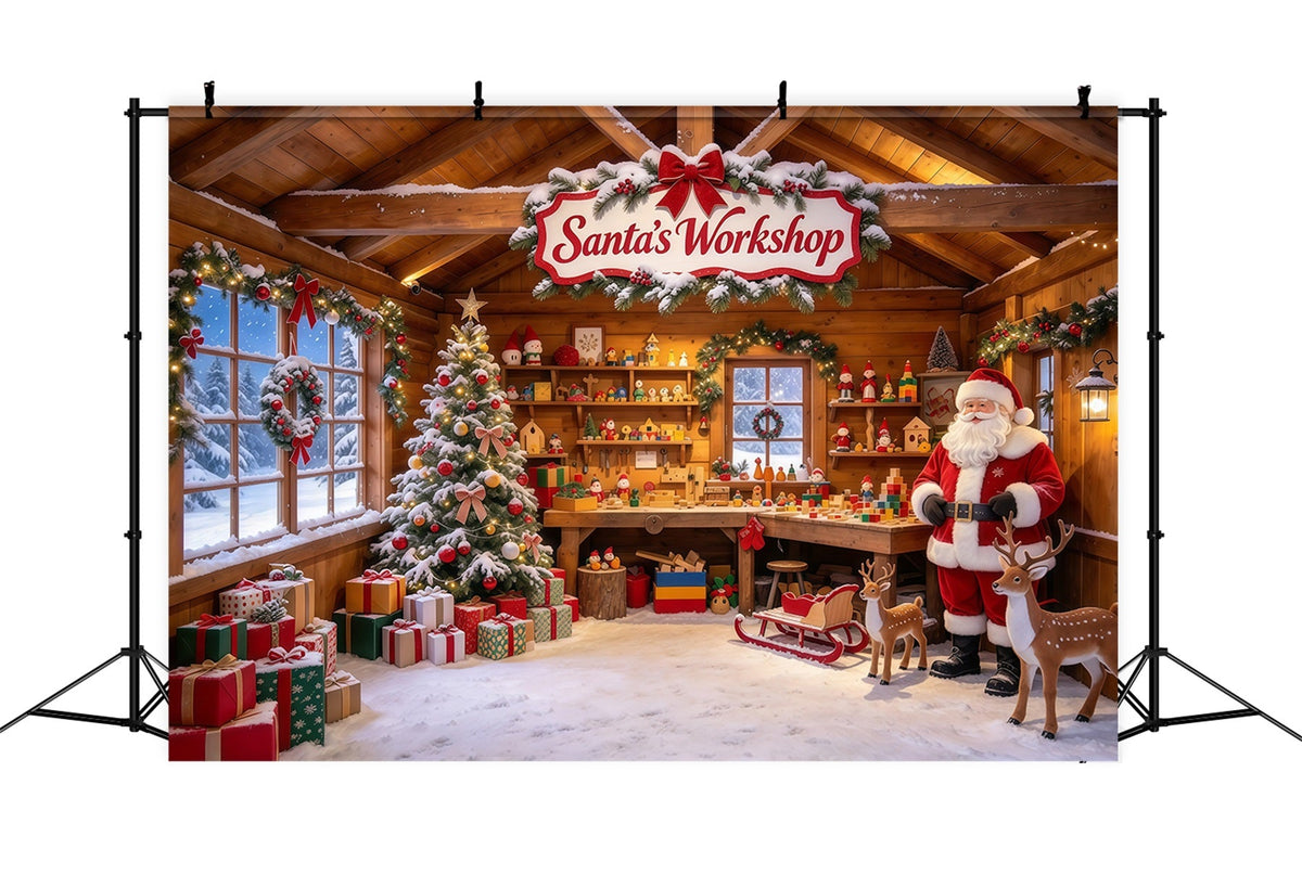 Fond Photo Atelier Père Noël Cabane Rustique Jouets GQ610-39