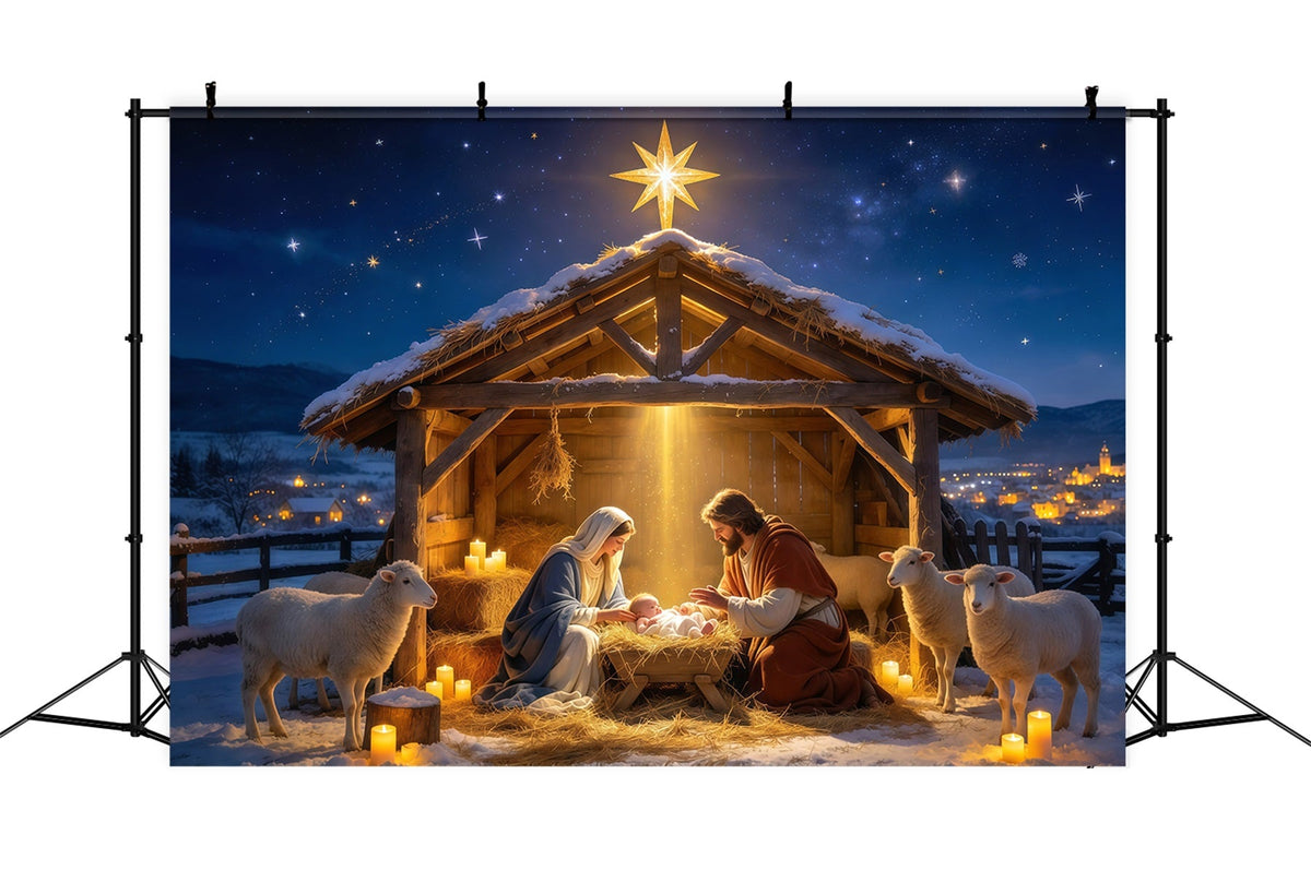 Fond De Crèche De Noël Étable Mangeoire Réunion Étoilée GQ610-4