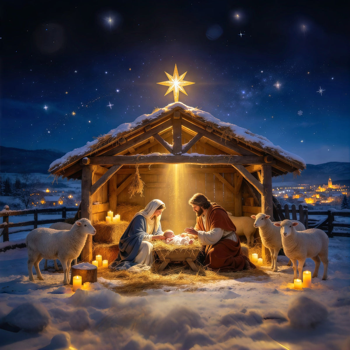 Fond De Crèche De Noël Étable Mangeoire Réunion Étoilée GQ610-4