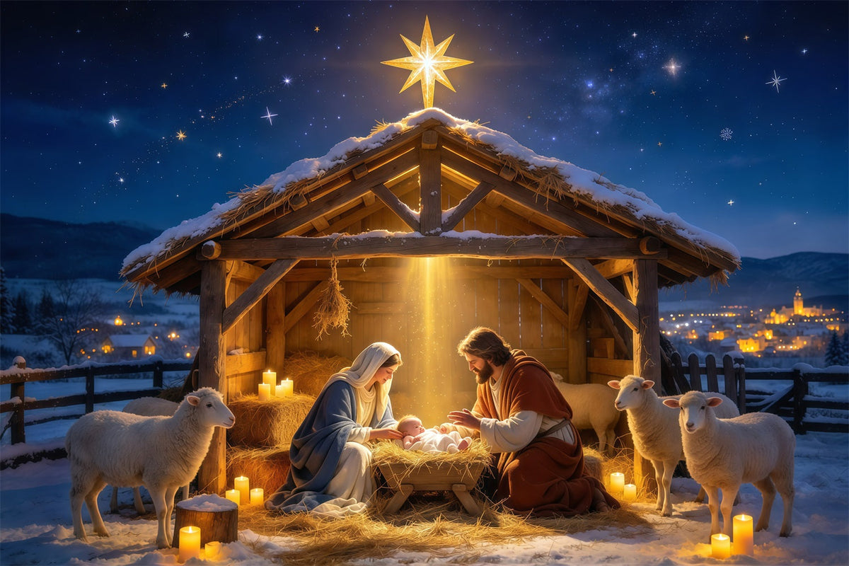 Fond De Crèche De Noël Étable Mangeoire Réunion Étoilée GQ610-4
