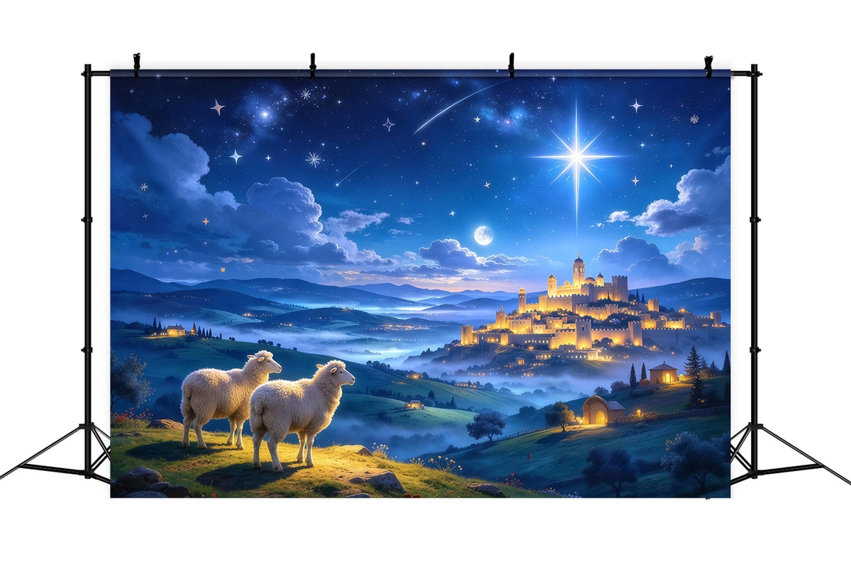 Fond De Crèche De Noël Château Étoilé Bergers Moutons GQ610-45