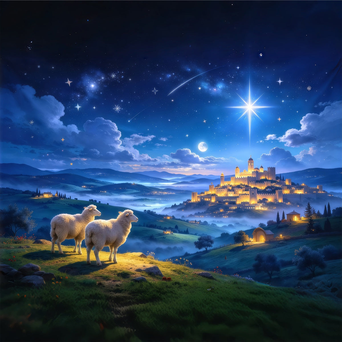 Fond De Crèche De Noël Château Étoilé Bergers Moutons GQ610-45