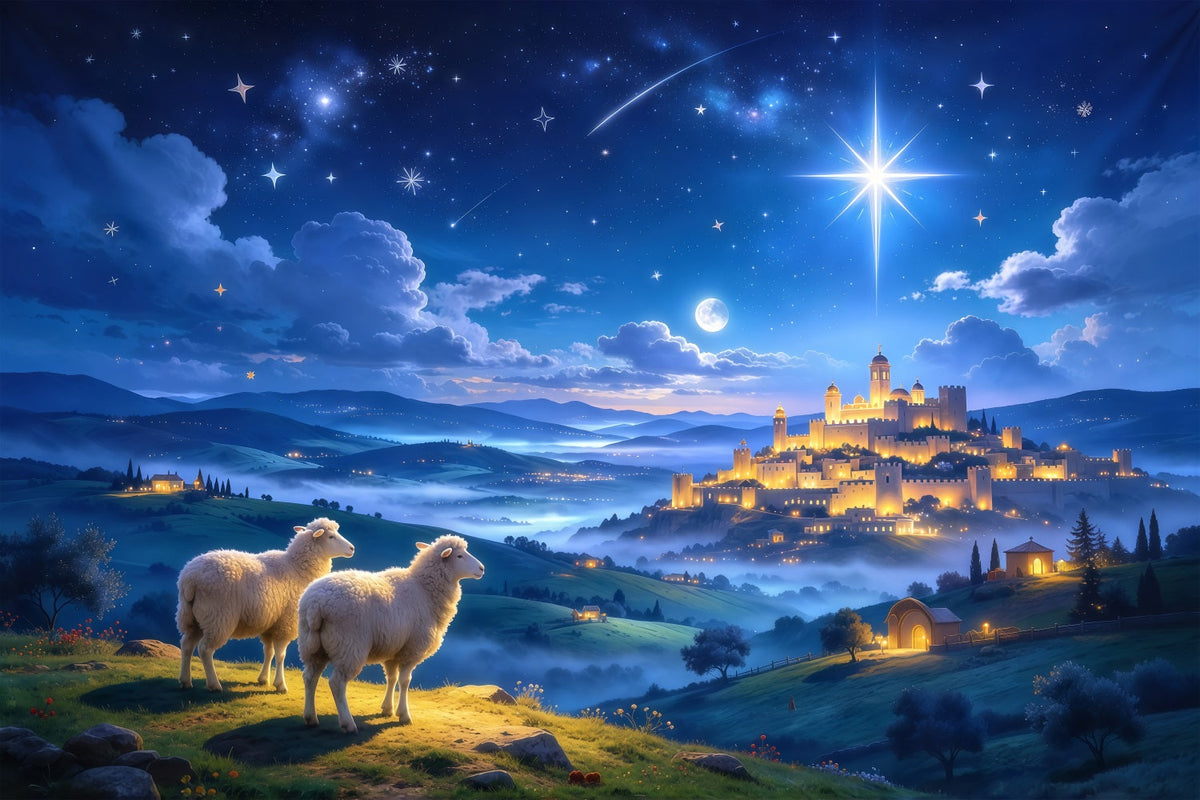 Fond De Crèche De Noël Château Étoilé Bergers Moutons GQ610-45