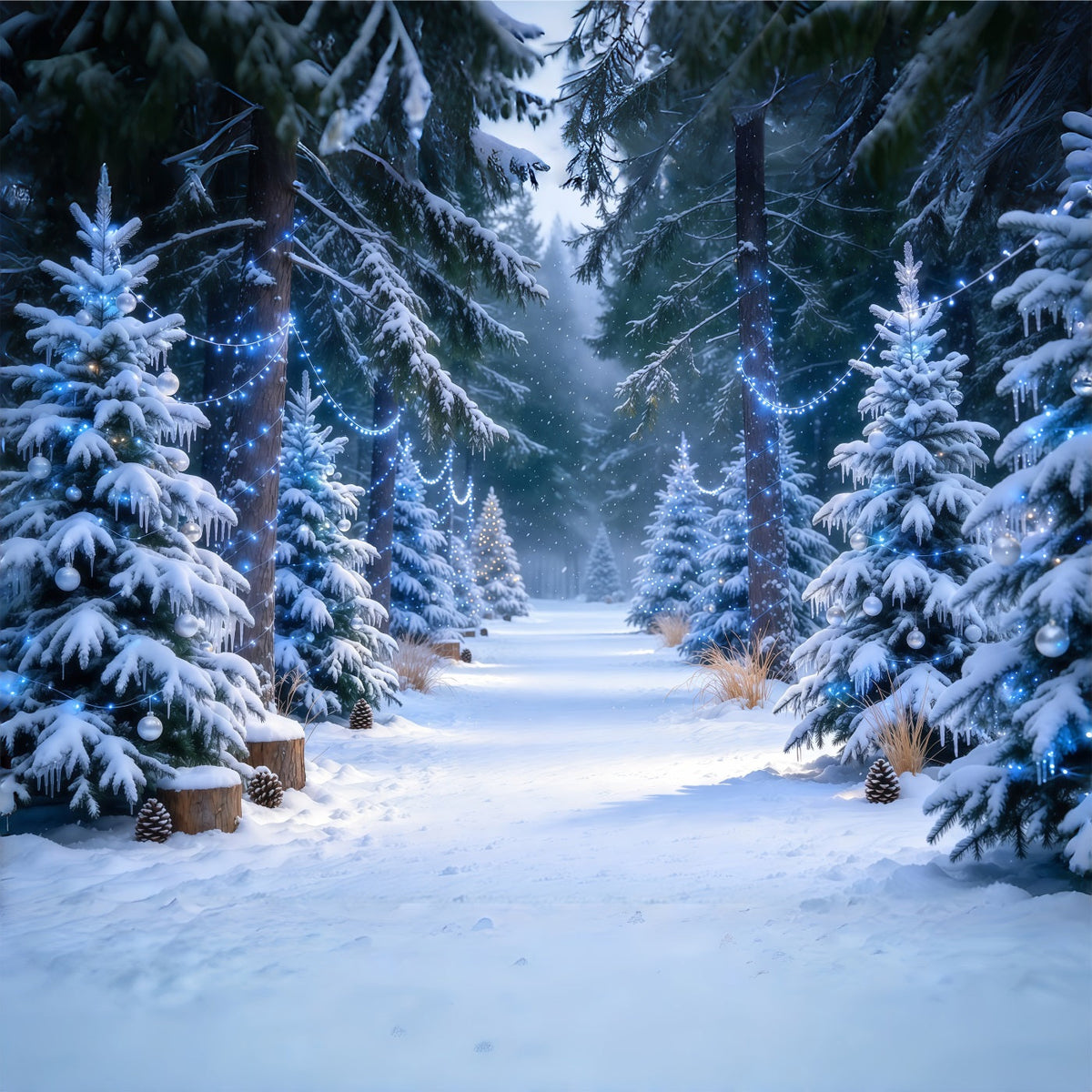 Fond Photo Ferme De Sapins Forêt Bleutée Enneigée GQ610-46