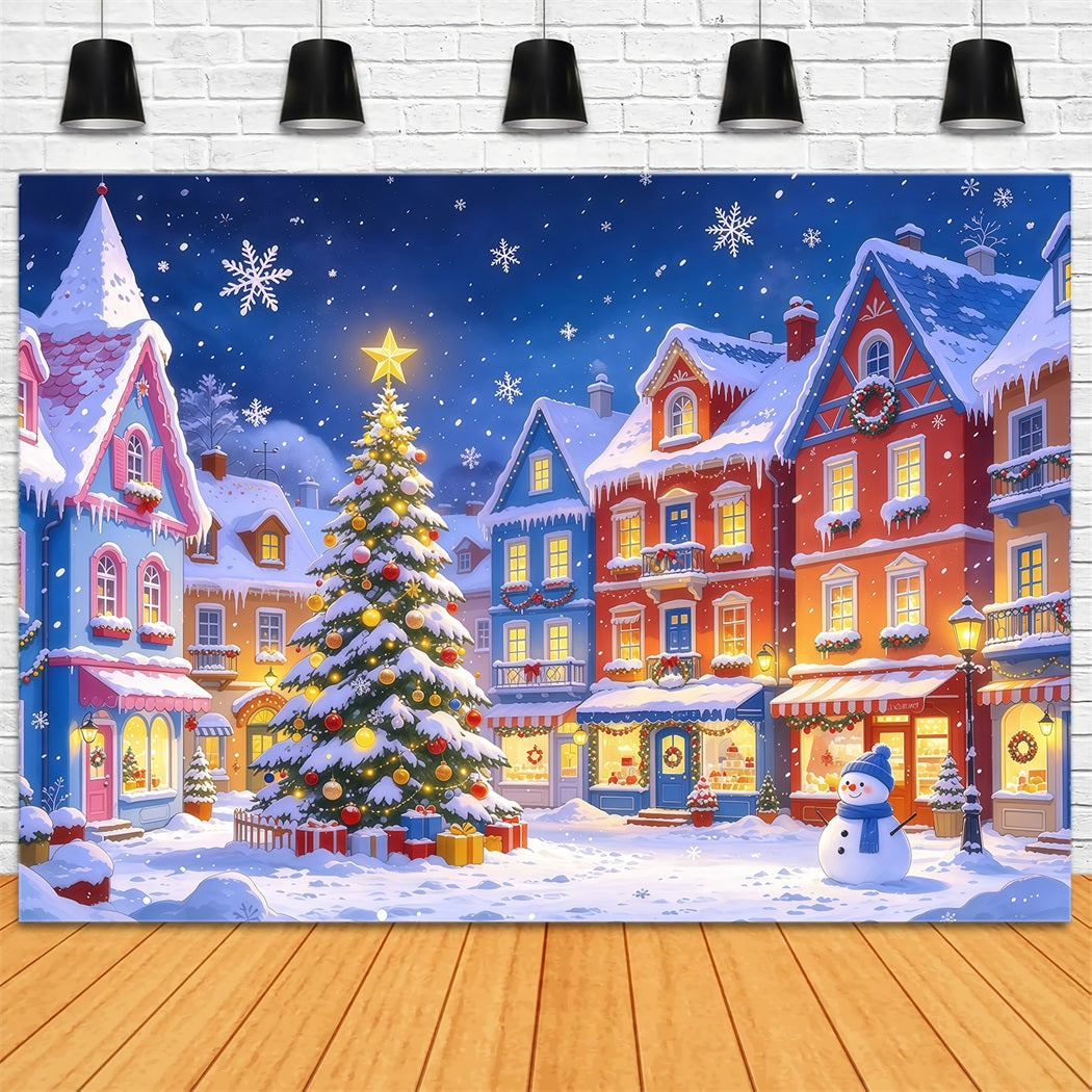 Fond De Ville De Noël Place Village Coloré Enneigé GQ610-47