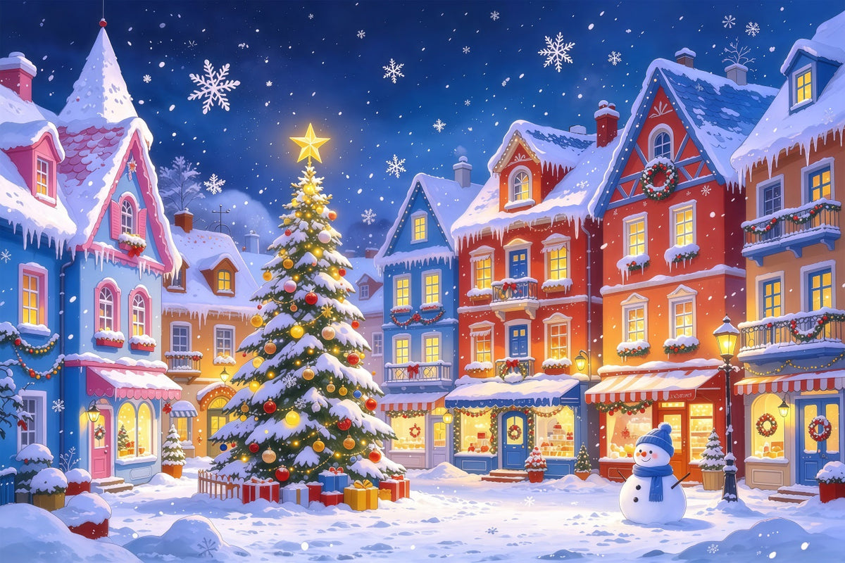 Fond De Ville De Noël Place Village Coloré Enneigé GQ610-47