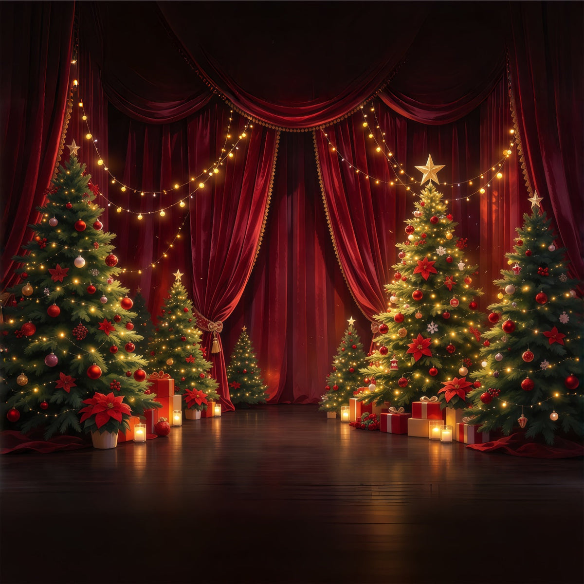 Fond Photo De Noël Scène Rideau Cramoisi Sapins GQ610-49