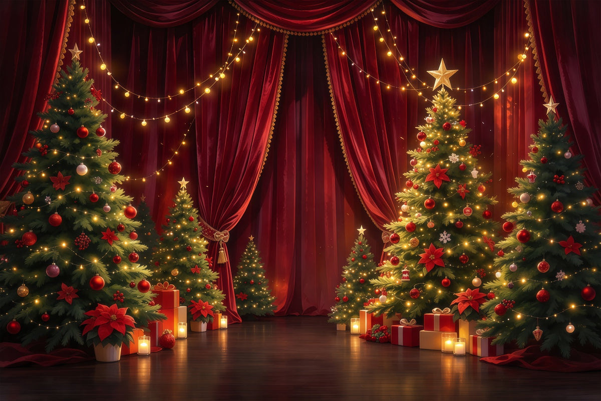 Fond Photo De Noël Scène Rideau Cramoisi Sapins GQ610-49