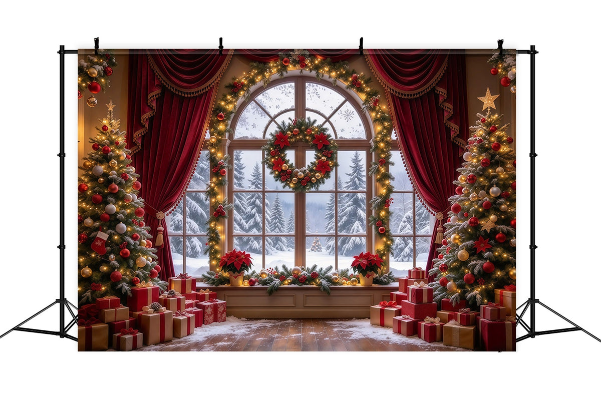 Fond De Noël Rideau Bordeaux Fenêtre Couronne GQ610-5