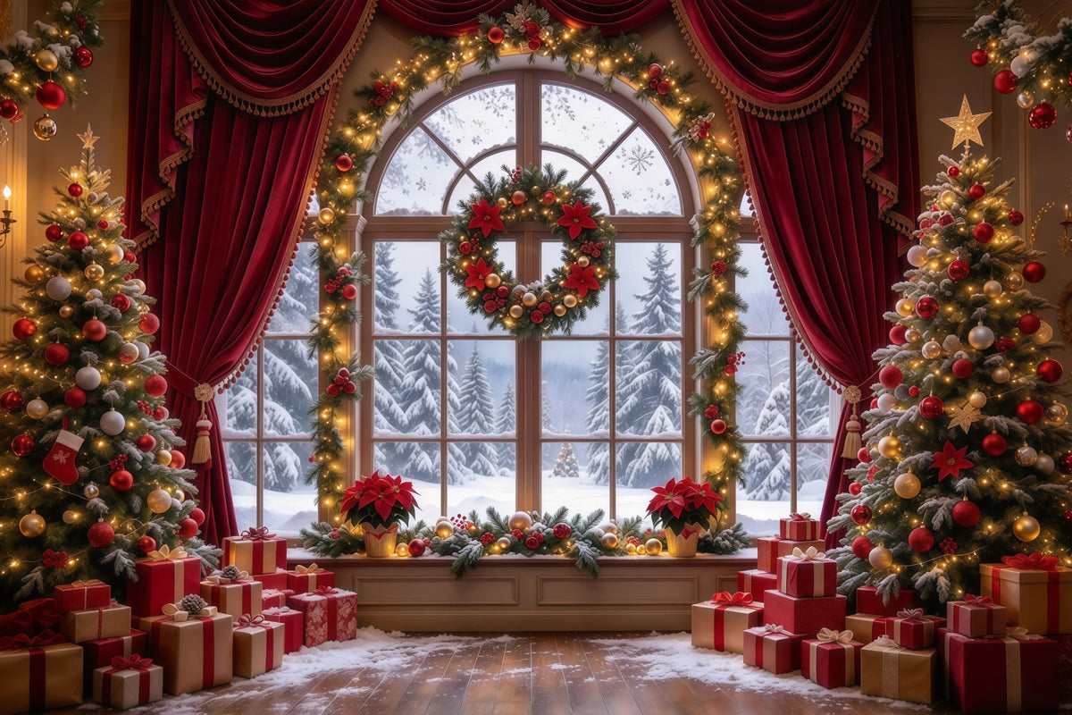Fond De Noël Rideau Bordeaux Fenêtre Couronne GQ610-5