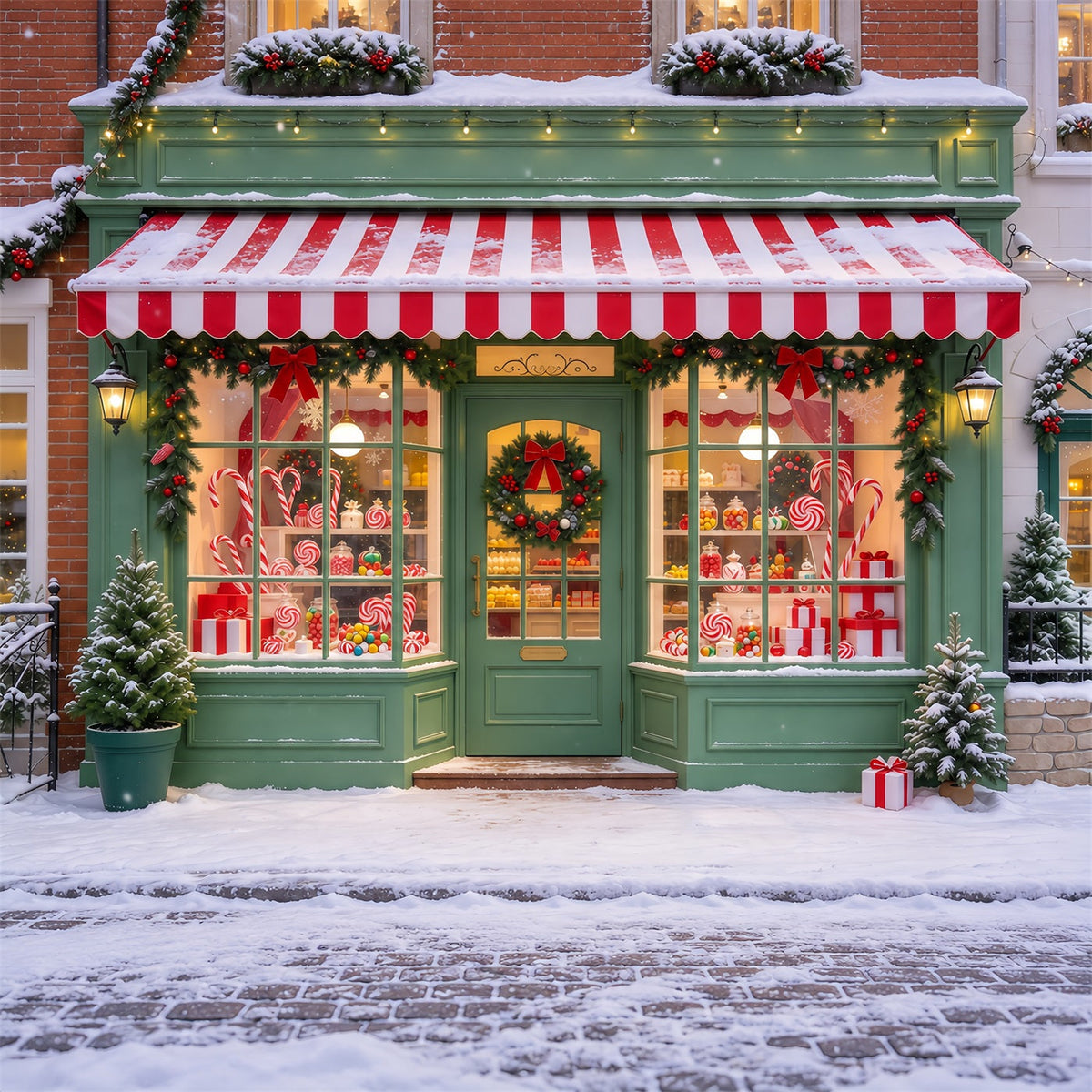 Fond De Noël Bonbons Sucrerie Verte Enneigée GQ610-50